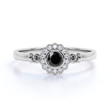 Unique Flower 1 Carat Round Lab Black Diamond and Halo Engagement Ring in White Gold