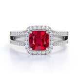French Pave 1.50 Carat Cushion Lab-Created Ruby and Diamond Halo Split Shank Engagement Ring White Gold