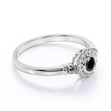 Unique Flower 1 Carat Round Lab Black Diamond and Halo Engagement Ring in White Gold
