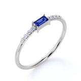 Dainty East West 0.45 Carat Emerald Cut Dark Blue Sapphire and Pave Diamond Engagement Ring in White Gold