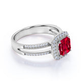 French Pave 1.50 Carat Cushion Lab-Created Ruby and Diamond Halo Split Shank Engagement Ring White Gold