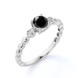 Beaded 1.10 Carat Round Brilliant Lab Black Diamond and Classic Engagement Ring in White Gold