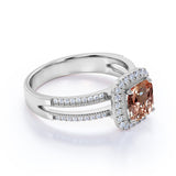 French Pave 1.75 Carat Cushion Orange Morganite and Diamond Halo Split Shank Engagement Ring in White Gold