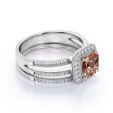 Filigree 2 Carat Cushion Morganite and Diamond Split Shank Wedding Ring Set in White Gold