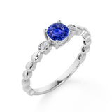 Beaded 1.10 Carat Round Brilliant Dark Blue Sapphire and Diamond Classic Engagement Ring in White Gold