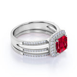 Filigree 2.25 Carat Cushion Lab Ruby and Diamond Split Shank Wedding Ring Set in White Gold