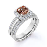 Filigree 2 Carat Cushion Morganite and Diamond Split Shank Wedding Ring Set in White Gold