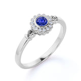 Unique Flower 1 Carat Round Dark Blue Sapphire and Diamond Halo Engagement Ring in White Gold