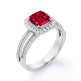 French Pave 1.50 Carat Cushion Lab-Created Ruby and Diamond Halo Split Shank Engagement Ring White Gold