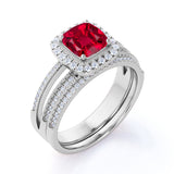 Filigree 2.25 Carat Cushion Lab Ruby and Diamond Split Shank Wedding Ring Set in White Gold