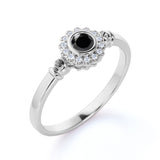 Unique Flower 1 Carat Round Lab Black Diamond and Halo Engagement Ring in White Gold