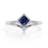 Geometric 1.05 Carat Princess Cut Natural Blue Sapphire and 2 Stone Diamond Contour Engagement Ring in White Gold