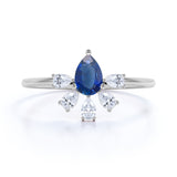 Vintage Style 0.60 Carat Pear Cut Natural Blue Sapphire and Diamond Crown Petite Engagement Ring in White Gold