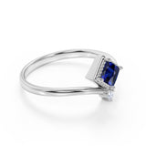 Geometric 1.05 Carat Princess Cut Natural Blue Sapphire and 2 Stone Diamond Contour Engagement Ring in White Gold