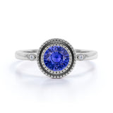 3 Stone Design 1.60 Carat Round Dark Teal Blue Sapphire and Diamond Unique Engagement Ring in White Gold