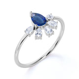 Vintage Style 0.60 Carat Pear Cut Natural Blue Sapphire and Diamond Crown Petite Engagement Ring in White Gold