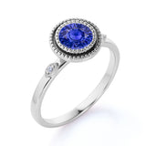 3 Stone Design 1.60 Carat Round Dark Teal Blue Sapphire and Diamond Unique Engagement Ring in White Gold