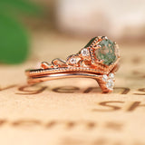 0.6 Carat 6 Prong Hexagon Milgrain Crown Round Shape Genuine Druzy Moss Green Agate And Moissanite Chevron Wedding Ring Set In 18K Rose Gold Plating Over Silver