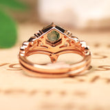 0.6 Carat 6 Prong Hexagon Milgrain Crown Round Shape Genuine Druzy Moss Green Agate And Moissanite Chevron Wedding Ring Set In 18K Rose Gold Plating Over Silver