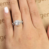 1.5 Carat Cushion Cut Moissanite And Diamond Halo Bridal Set In White Gold