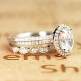 Art Deco 2 Carat Oval cut Real Moissanite Wedding Trio Ring Set with Engagement Ring and 2 Wedding Bands in 18k Gold Over Silver