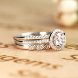 Art Deco 2 Carat Round cut Real Moissanite Wedding Trio Ring Set with Engagement Ring and 2 Wedding Bands in 18k Gold Over Silver