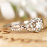 Elegant 1 Carat - Round Moissanite - Pave - Twisted Band - Infinity - Swirl Engagement Ring - 10K White Gold