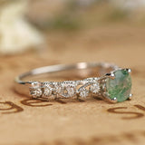 Vintage Exquisite Prong 1.50 Carat Round Cut Real Faceted Druzy Moss Green Agate and Diamond Art Deco Milgrain Engagement Ring