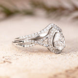 1.75 Carat Pear Cut Moissanite Wedding Set - Bridal Set - Art Deco Ring - Halo Ring - Cluster Ring - 18k White Gold Over Silver