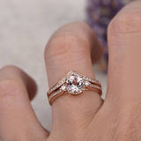 Perfect 1.50 Carat Three Stone Morganite and Moissanite Wedding Ring Set in Rose Gold