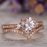 Perfect 1.50 Carat Three Stone Morganite and Moissanite Wedding Ring Set in Rose Gold