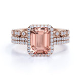 1.50 Carat Morganite and Moissanite Wedding Trio Ring Set for Her in Rose Gold