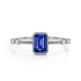 7 Stone Design 1.25 Carat Emerald Cut Navy Blue Sapphire and Diamond Vintage Engagement Ring in White Gold