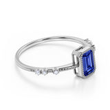 7 Stone Design 1.25 Carat Emerald Cut Navy Blue Sapphire and Diamond Vintage Engagement Ring in White Gold