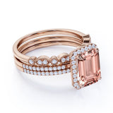 1.50 Carat Morganite and Moissanite Wedding Trio Ring Set for Her in Rose Gold