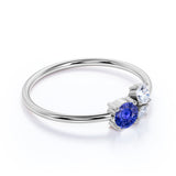 Mini Asymmetric Round Shape Midnight Blue Sapphire and 3 Stone Diamond Engagement Ring in White Gold
