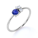 Mini Asymmetric Round Shape Midnight Blue Sapphire and 3 Stone Diamond Engagement Ring in White Gold