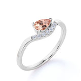 East West 1 Carat Teardrop Champagne Morganite and Diamond Curved Engagement Ring in White Gold
