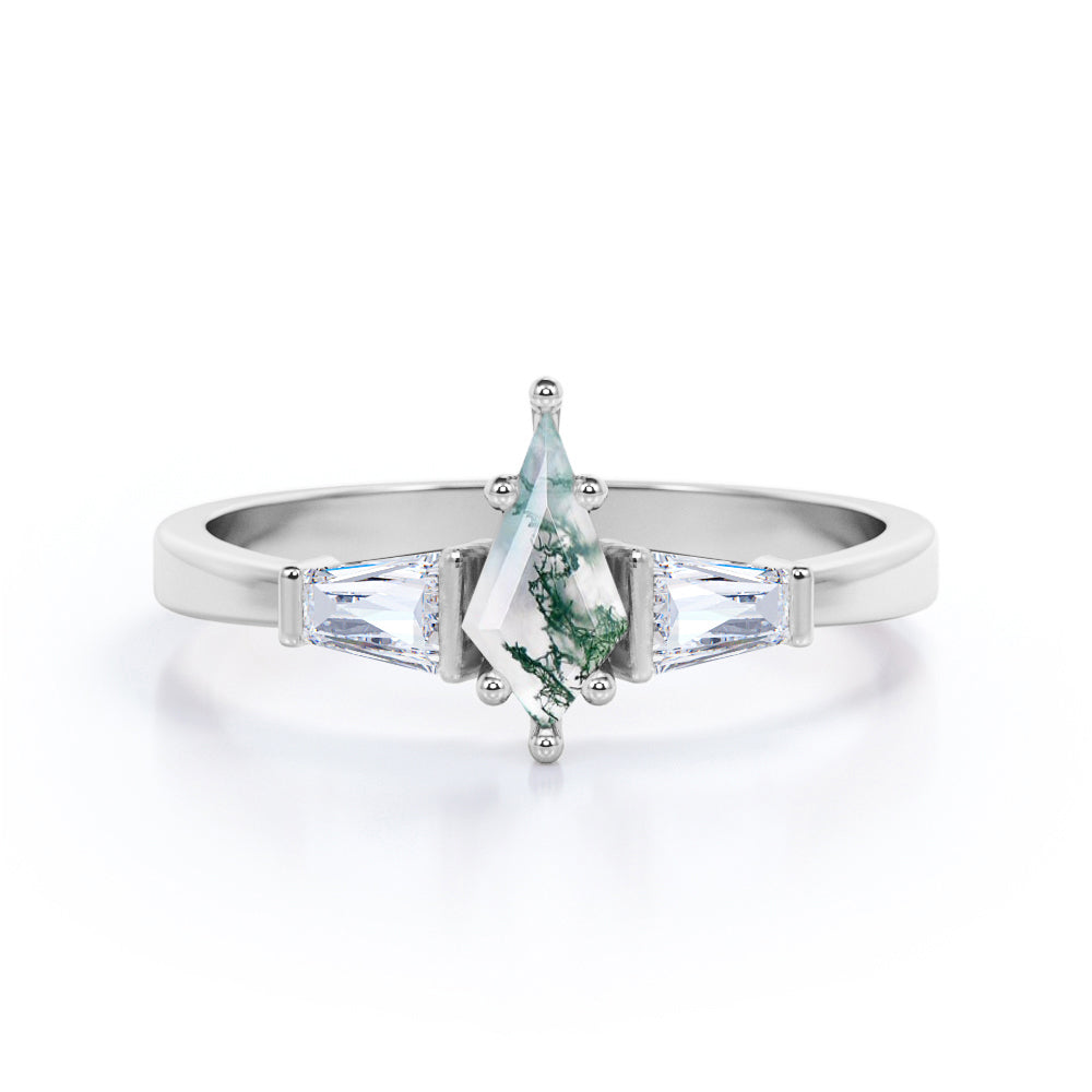 Minimal Trilogy 0.6 carat Kite Dendritic Moss Agate and Moissanite Engagement Ring in Black Gold