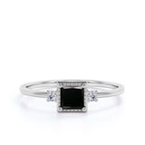 Simple 3 Stone Design 0.85 Carat Square Cut Lab Black Diamond and Vintage Engagement Ring in White Gold