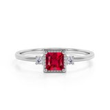 Simple 3 Stone Design 1.10 Carat Square Cut Lab Ruby and Diamond Vintage Engagement Ring in White Gold