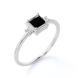 Simple 3 Stone Design 0.85 Carat Square Cut Lab Black Diamond and Vintage Engagement Ring in White Gold