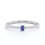Bezel Set Emerald Cut Corn Blue Sapphire and Scallop Diamond Dainty Engagement Ring in White Gold