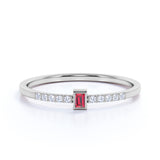 Bezel Set Emerald Cut Ruby and Scallop Diamond Dainty Engagement Ring in White Gold