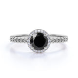 Zigzag 1.25 Carat Round Lab Made Lab Black Diamond and Wave Engagement Ring in White Gold
