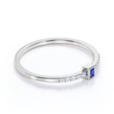Bezel Set Emerald Cut Corn Blue Sapphire and Scallop Diamond Dainty Engagement Ring in White Gold