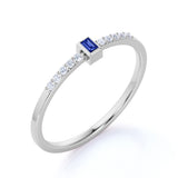 Bezel Set Emerald Cut Corn Blue Sapphire and Scallop Diamond Dainty Engagement Ring in White Gold