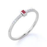 Bezel Set Emerald Cut Ruby and Scallop Diamond Dainty Engagement Ring in White Gold