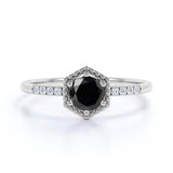 Elegant Hexagon Style 1.25 Carat Round Brilliant Lab Black Diamond and Vintage Engagement Ring in White Gold