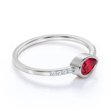Dainty Bezel 0.75 Carat Pear Lab Ruby and Diamond East West Engagement Ring in White Gold